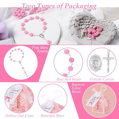 100 Pcs Pink Baptism Favors Mini Rosary Cross Boxes Gift Bags Cards
