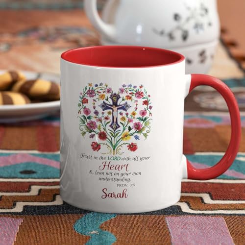 Personalized Bible Verse Ceramic Cup, Inspirational Mug Gift For Christian, Cross In Floral Heart Design On White Mug, Customized Name Christian Faith Coffee Mug 11oz, Custom Religious Gift - color: XUA-624-2303-A Cross In Floral Heart