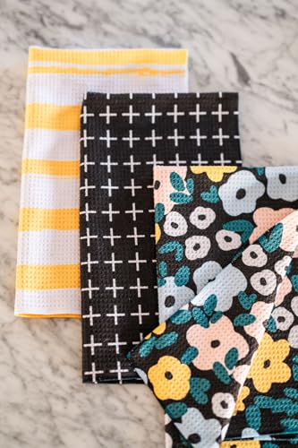 Kitchen Towels, Dish Towels for Kitchen, 3 Pc Kitchen Towel Set - color: Black Yellow