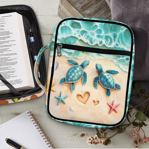 Suobstales Beach Turtle Starfish Seashell Heart Print Bible Cover Carrying Book Case for Women Men Lightweight Bible Bag Bible Protective with Handle and Zippered Pocket - color: Beach Turtle Starfish Seashell Heart