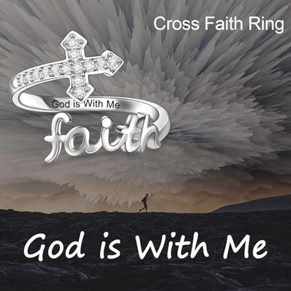 Helonley Cross Faith Ring for Women - 925 Sterling Silver Inspiration Rings - style: God is With Me