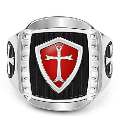 Men's Stainless Steel Knight Ring Templar Ring Biker Crusader Cross Masonic Red Size 7 - size: 7