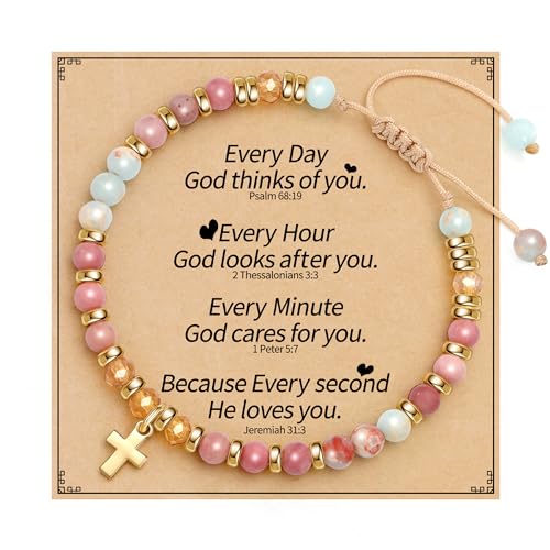 Cross Bracelets for Women Girls, Christian Gifts for Women Natural Stone Beaded Bracelets First Communion Confirmation Baptism Gifts Catholic Easter Christmas Inspirational Gift Jewelry - color: Pink Agalmatolite - Every Day