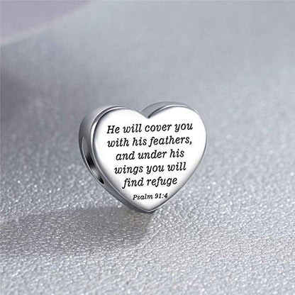 Heart Charm Fit Pandora Charms Bracelet Christian Bible Verse Charm Prayer Faith Religious Charms Gifts for Women - style: He will cover you with his feathers,and under his wings you will find refuge Psalm 91:4