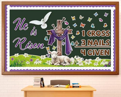 Christian Easter Bulletin Board Set He is Risen Classroom Decoration Jesus Forgiven Cross Butterfly Lily Christian Religious Paper Cutouts for Spring Sunday School Church Home Chalkboard Wall Decor