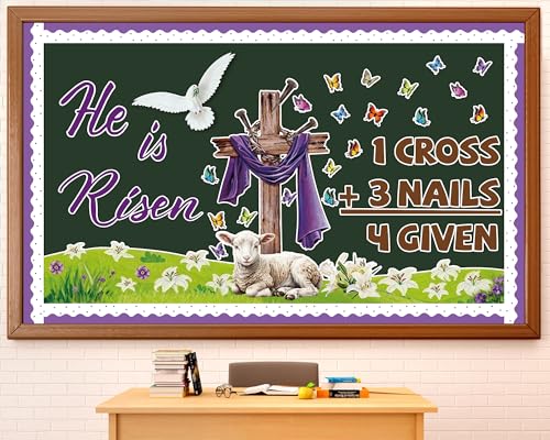 Christian Easter Bulletin Board Set He is Risen Classroom Decoration Jesus Forgiven Cross Butterfly Lily Christian Religious Paper Cutouts for Spring Sunday School Church Home Chalkboard Wall Decor