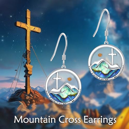 AOBOCO Mustard Seed Earrings for Women Sterling Silver Mountain Cross Earrings Dangle Christian Religion Jewelry Mothers Day Birthday for Mom Wife Friends - style: Round Mountain Cross Hooks