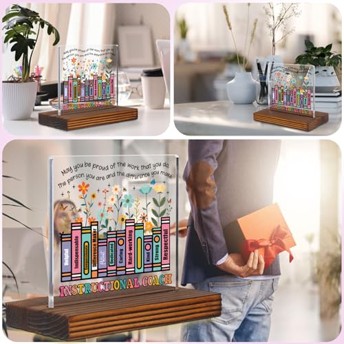 Instructional Coach Gift for Teacher Appreciation or End of School Year, Inspirational Book Stack Desk Sign with Positive Traits, Thank You Plaque for Office or Staff Lounge Decor EC296 - style: Instructional Coach Gift