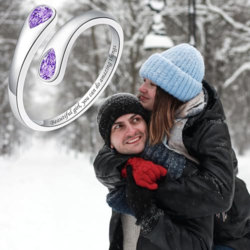 Jinlou Thumb Rings for Women - 925 Sterling Silver Birthstone Open Teardrop Encouragement Adjustable Ring Women Gifts for Teens Mom Birthday Mother's Day St Patricks Day - color: February, style: Beautiful you can do amazing things