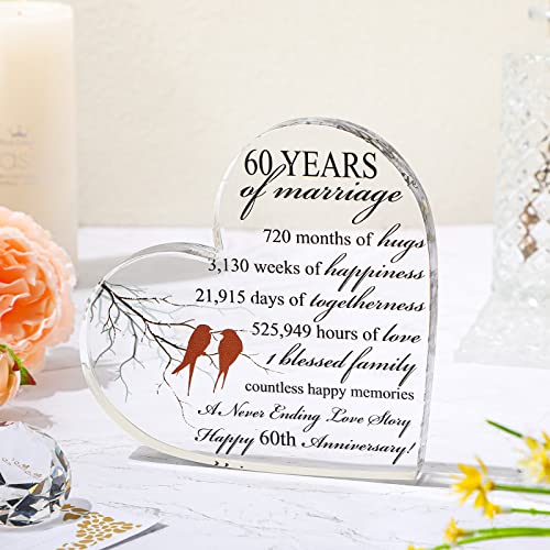 Qunclay 60th Years of Marriage Gift Wedding Anniversary Souvenir Heart Marriage Keepsake Decoration Present for Couple Parent Women Mom Husband Wife He She Friend Grandparents - style: 60th