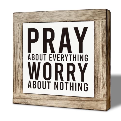 Christian Desk Decor Wooden Box Sign, Pray About Everything Worry About Nothing, Farmhouse Bible Verses Desk Decor Sign for Living Room Home Office, Faith Gift for Friends Family - color: color01