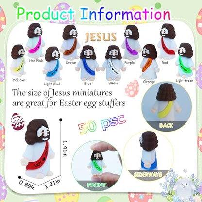 50 Pack Little Jesus Figures Easter Mini Rubber Toys to Hide and Seek, Pocket Jesus Love You Miniatures Religious Party Favors Baptism Gifts Sunday School Easter Egg Stuffers - color: 10-color *50