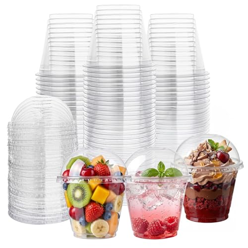 Lullaby 100 Pack 9oz Clear Plastic Cups with Dome Lids, Dessert Fruit Cups - size: 100PACK