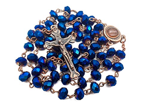 Nazareth Store Deep Blue Crystal Beads Rosary Necklace Catholic Prayer Jerusalem Holy Soil Medal Cross Antique Religious Rosaries Beads Collection
