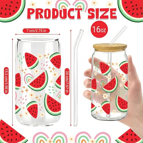 Glass Cups with Lids and Straws, 4Pack, 16oz, Cottagecore - style: 4Pcs Strawberry