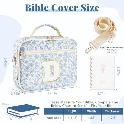 Personalized Initial Bible Cover Case for Women Bible Bag w/Study Supplies - color: Blue Flower, size: D