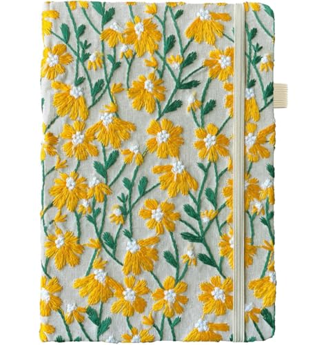 Daisy Gift, Flower Journal, Embroidered Notebook, Beautiful Journals for Women, 8"x6", Hardcover, Lay Flat, A5, Lined Paper, Wide Ruled Page, Writing Journal, Yellow Daisy, with Elastic Band - color: A5-Ruled-Yellow Daisy