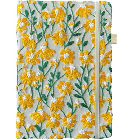 Daisy Gift, Flower Journal, Embroidered Notebook, Beautiful Journals for Women, 8"x6", Hardcover, Lay Flat, A5, Lined Paper, Wide Ruled Page, Writing Journal, Yellow Daisy, with Elastic Band - color: A5-Ruled-Yellow Daisy