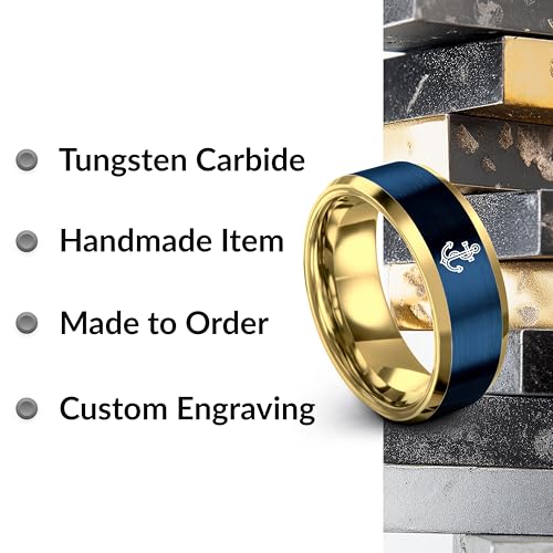 Gift for Nautical Fan - Anchor With Rope Ring - Men Women - Tungsten - Flat Dome Bevel - Band - Yellow Gold Black Silver Blue - Anniversary Wedding - 8mm - Brushed Polished - Personalized Custom Engra - color: 13 - Yellow Gold Blue Tungsten