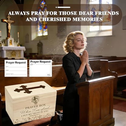 Prayer Box with Slot,100 Catholic Prayer Request Cards-Pen and Cross Jewelry Gifts,Used for Daily in Church Worship and Religious Devotions,Christian First Communion Gifts. (100)