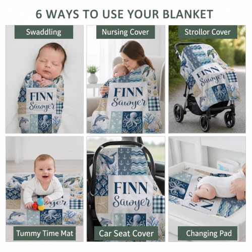 Personalized Ocean Animal Baby Blanket, Custom Sea Life Baby Blanket - color: Blue #5