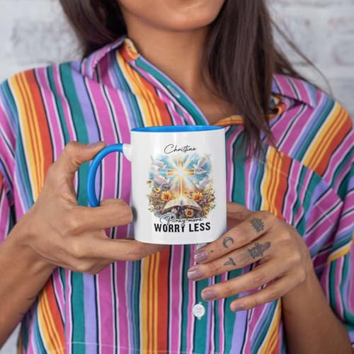 Christian Mug With Customized Name, Bible And Dove Design Ceramic Cup, Custom Christian Keepsake Mug 11oz 15oz, Personalized Christian Faith Coffee Cup, Gift For Family Member - color: HOA-624-2170-PRAY MORE WORRY LESS MUG