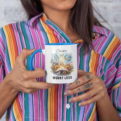 Christian Mug With Customized Name, Bible And Dove Design Ceramic Cup, Custom Christian Keepsake Mug 11oz 15oz, Personalized Christian Faith Coffee Cup, Gift For Family Member - color: HOA-624-2170-PRAY MORE WORRY LESS MUG