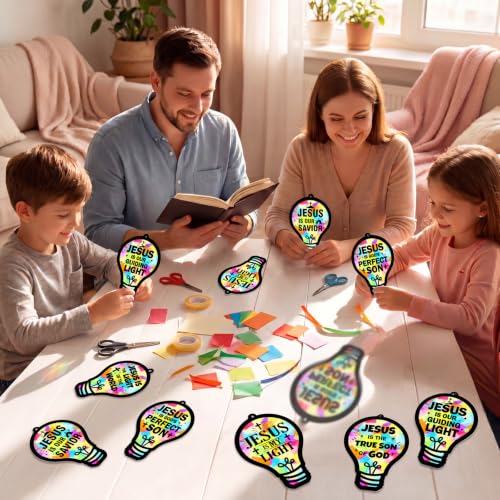 48PCS Sunday School VBS Crafts Bulk: Paper Lightbulb Cross Nativity Suncatchers, Religious Christian Activity DIY Kits Church Decorations, Window Stained Glass Effect Art Supplies(Jesus Style) - style: colorful bulb cross