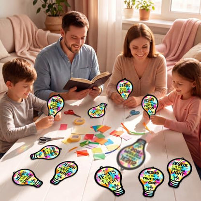 48PCS Sunday School VBS Crafts Bulk: Paper Lightbulb Cross Nativity Suncatchers, Religious Christian Activity DIY Kits Church Decorations, Window Stained Glass Effect Art Supplies(Jesus Style) - style: colorful bulb cross