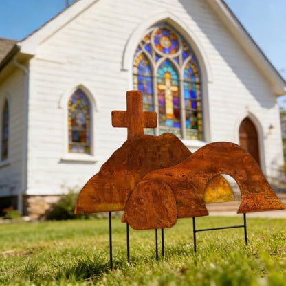 Easter Yard Sign Metal Religious Christian Outdoor Decorations Empty Tomb Easter Scene with Cross Jesus Resurrection Easter Lawn Decorations Garden Patio Porch Church Decor