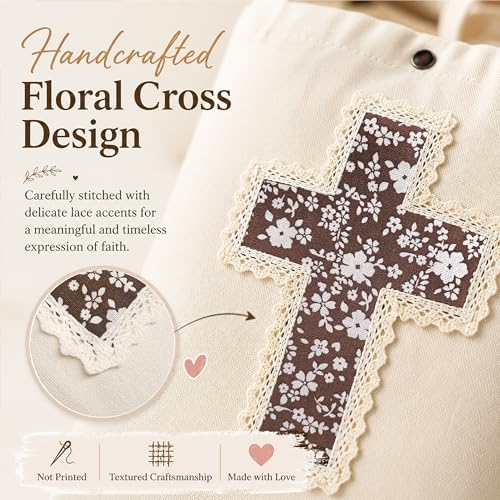 Christian Tote Bag Gift for Women, Canvas Bible Bag Handmade Floral Cross - color: Cream-brown Cream Blossom