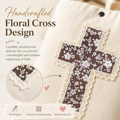 Christian Tote Bag Gift for Women, Canvas Bible Bag Handmade Floral Cross - color: Cream-brown Cream Blossom
