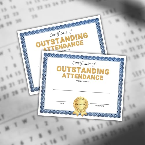 Outstanding Attendance Certificate 30pk 8.5x11” for The Year Perfect Adult Sunday School for Students Class On Time Punctuality Blue Border