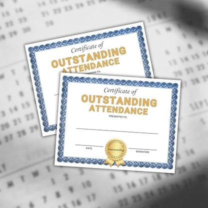 Outstanding Attendance Certificate 30pk 8.5x11” for The Year Perfect Adult Sunday School for Students Class On Time Punctuality Blue Border