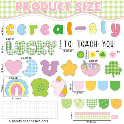St. Patrick's Day Cereal-Sly Bulletin Board Lucky Shamrock Bulletin Board Decorations Rainbow Gold Coin Paper Cutouts for St. Patrick Party Supplies Home Classroom Chalkboard Wall Door Window Decor - style: St. Patrick's Day