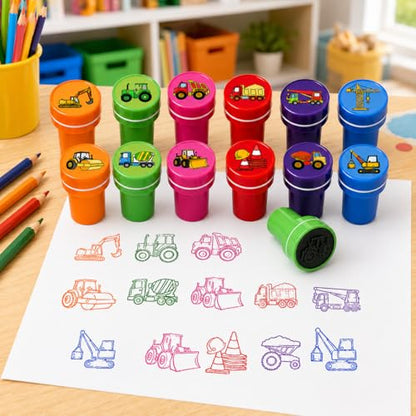 Cinrobiye 24 Pcs Construction Vehicle Stampers Party Favor Set, Cute Building Truck Stamps for Kids Birthday Party, Classroom Rewards, Carnival Prizes, Goody Bag Fillers, Themed Party Supplies - color: Construction Vehicle