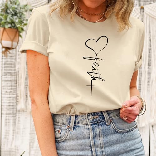 KIEKIECOO Faith Christian Shirts for Women Religious Crewneck Tshirts Cotton Graphic Tees Bible Verse Casual Summer Tops - color: Apricot, size: Small