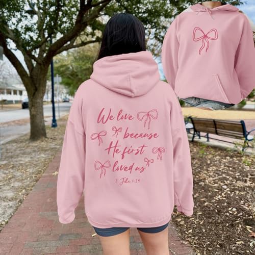 Christian Bow Hoodies for Women Cute Bow Print Sweatshirt Bible Verse Graphic Hoodie Religious Pullover Sweatshirts - color: Pink, size: XX-Large