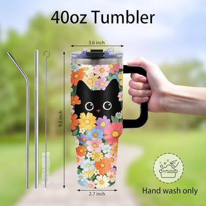 Black Cat & Floral Tumbler 40oz with Handle and Straws, Gifts for Women - color: Cat1