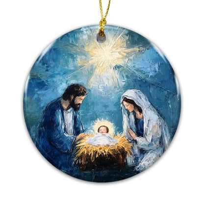 Holy Family Nativity Ornament – Ceramic Christmas Tree Decoration – Religious Christian Ornament Keepsake – Inspirational Xmas Holiday Décor Gift for Family Friends Teachers Church Members