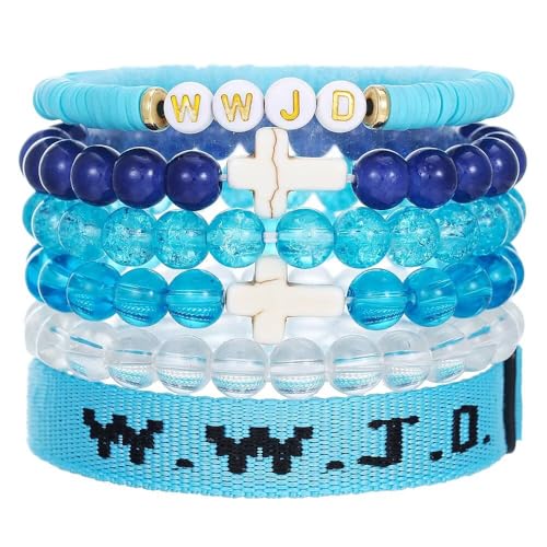 WWJD Bracelets Set WWJD Wristbands Christian Cross Bracelet Stackable Clay Bead Bracelets Stretch Glass Beaded Inspirational Christian Jewelry Gift for Couples Women Men - color: 6Pcs Blue