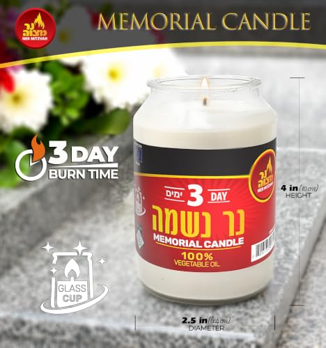 Ner Mitzvah 3 Day Yahrzeit Candle - 3 Pack Kosher White Yahrzeit Memorial Candles - Yom Kippur and Holiday Candles in Glass Jar - 100% Vegetable Oil Wax Prayer Candle