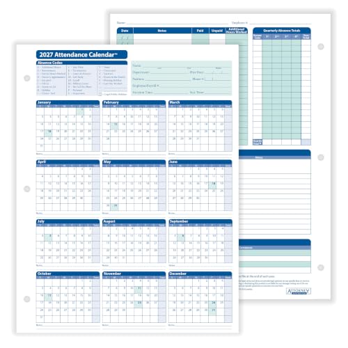 ComplyRight 2027 Attendance Calendar Card, White, Pack of 50 - size: 50 Pack, style: Attendance Calendar Card