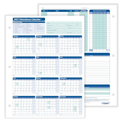 ComplyRight 2027 Attendance Calendar Card, White, Pack of 50 - size: 50 Pack, style: Attendance Calendar Card