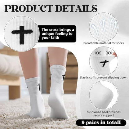 Christian Cross Socks for Men Women Jesus Prayer Sock, 6/9 Pairs - color: White+black