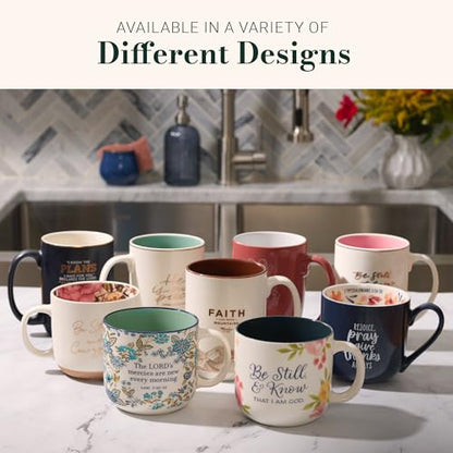 Christian Art Gifts Large Ceramic Coffee Mug: Psalm 46:10 Bible Verse - color: Be Still/White & Pink Floral