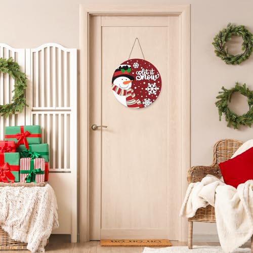 JarThenaAMCS Christmas Winter Welcome Door Sign Xmas Red Snowman Snowflake Wooden Front Door Hanging Sign 3D Round Outdoor Hanger for Party Home Wall Porch Decorations, 12 Inch - style: Snowman