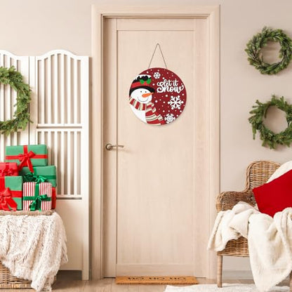 JarThenaAMCS Christmas Winter Welcome Door Sign Xmas Red Snowman Snowflake Wooden Front Door Hanging Sign 3D Round Outdoor Hanger for Party Home Wall Porch Decorations, 12 Inch - style: Snowman