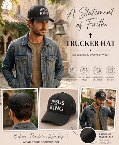 Christian Hat for Men Women - Premium Embroidered Faith Baseball Cap - Religious Jesus Gifts, Mesh Back Trucker Hats - color: Jesus is King-black