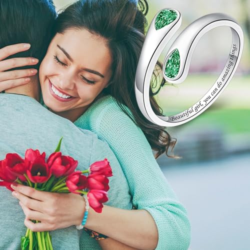 Jinlou Thumb Rings for Women - 925 Sterling Silver Birthstone Open Teardrop Encouragement Adjustable Ring Women Gifts for Teens Mom Birthday Mother's Day St Patricks Day - color: May, style: Beautiful you can do amazing things
